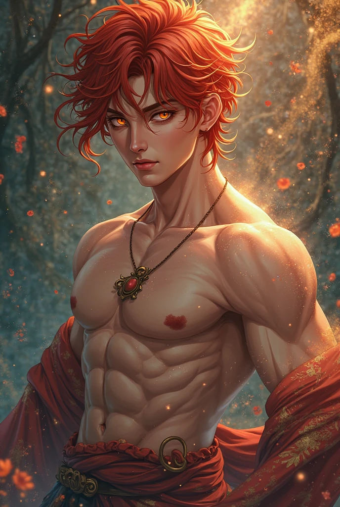 ((Best quality)), ((masterpiece)), (detailed), ((perfect face)), ((halfbody)) perfect proporcions,He is a handsome vampire, 18 years old, long red hair, he poses sensually, he is naked, NSFW, there is a background of a gothic room with lit candles, he has an erect penis, he is sexy ((perfect face)) NSFW