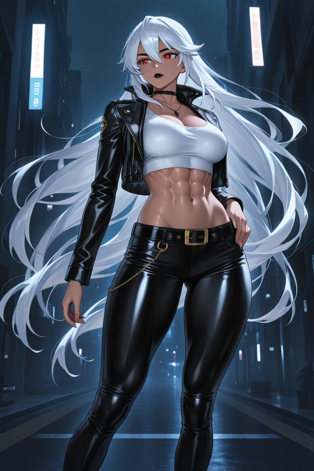 ​masterpiece, best quality, Ultra-detail, Illustration, 1 girl, icywinx, alone, very long hair, black open leather jacket, Jeans, belt, Earrings, navel, Fantasies, leather boots, spread legs, hochnäsiger Blick, closed mouth, Fantasies worlds, Komposition,  