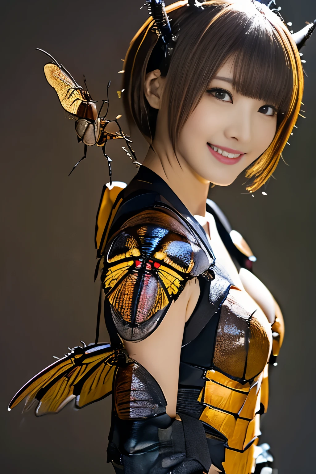 (high resolution,masterpiece,best quality,extremely detailed CG, anime, official art:1.4), realistic, photo, amazing fine details, all intricate, gloss and shiny,awesome many layers, 8k wall paper, 3d, sketch, kawaii, illustration,( solo:1.4), perfect female proportion,villainess, (fusion of dark brown cockroach and lady:1.4), (brown cockroach form lady:1.2), (brown cockroach lady:1.2), (fusion:1.2), (solo:1.4), (evil smile:1.2), muscular, abs, (cockroach brown exoskeleton bio insect suit:1.4), (cockroach brown exoskeleton bio insect armor:1.2), (brown transparency cockroach wing:1.4), (brown cockroach antennae:1.3),