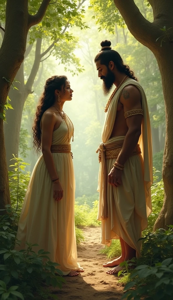The Seed of Arrogance

Setting:
A lush forest near Panchavati. Sita, dressed in simple attire, is seen picking flowers, her face serene and peaceful.

Action:
Ravana, disguised as a wandering sage, approaches Sita with a cunning smile. He admires her from a distance before stepping closer.

Dialogue:
Ravana (in disguise, softly): “O virtuous lady, accept my hospitality and come with me to my golden city, Lanka.”

Sita (politely declining): “I am devoted to my husband, Lord Rama. I cannot leave.”

Action:
Ravana’s smile fades, and his face hardens as he reveals his true identity, grabbing Sita and forcing her into his chariot despite her struggles.

Dialogue:
Ravana (arrogantly): “Your Rama is no match for me. Soon, you will know the grandeur of my palace and the futility of defying me.”
