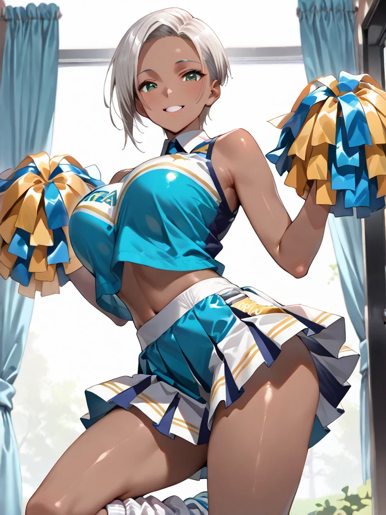 1girl、(((best quality)), ((masterpiece)), (details), masterpiece, best quality, high quality, ulutra detailed, perfect face, ((1girl, Blue eyes, cat ears: 1.3 silver bob hair: 2.5,))、Shiny Hair、Glowing Skin、smile、Lustful look、I can see your toned stomach、Sideboob、Underboob、Cheergirl Costume、Cheerleader's Skirt、Butt、((Speaking through a megaphone))、Stadium Background、smile、Sweat glistens、Cheeks are a little red、whole body、dance
