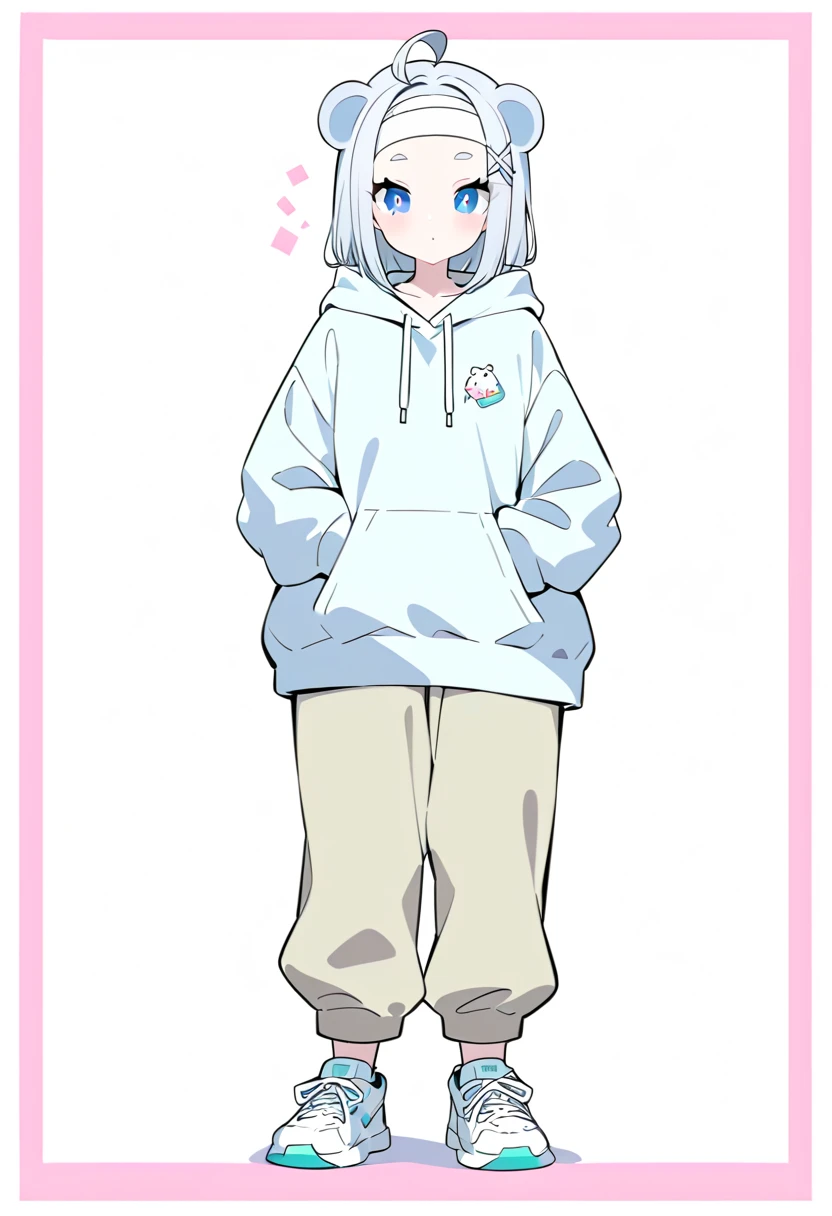 Tall puppy furry, girl, thicc thighs, wearing a hoodie and sweatpants, pastel blue hair and pink eyes