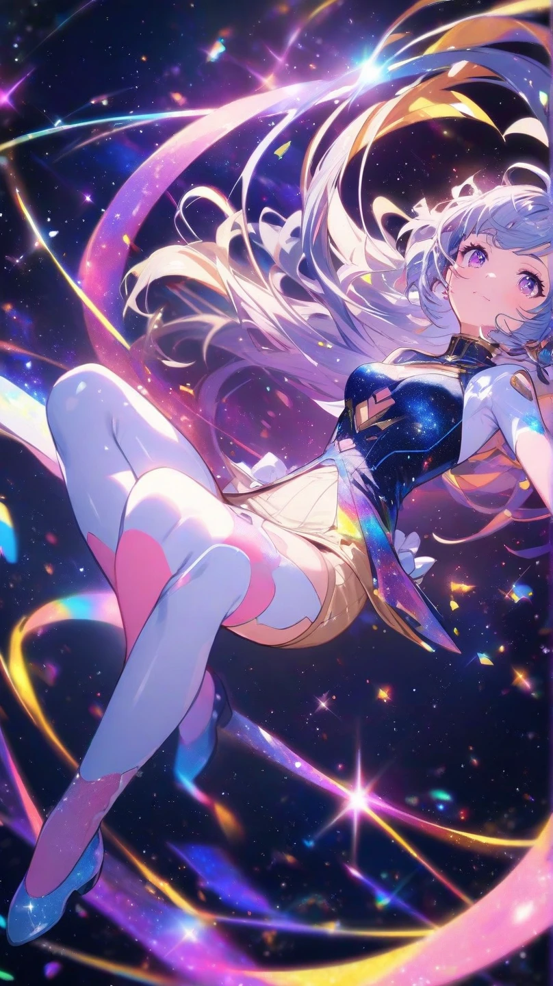 (((Panty shot)))、mini skirt、(((Rainbow Magical Girl Costume))、Beauty、purple hair long、((whole body))、(((photo taken from below)))、night sky