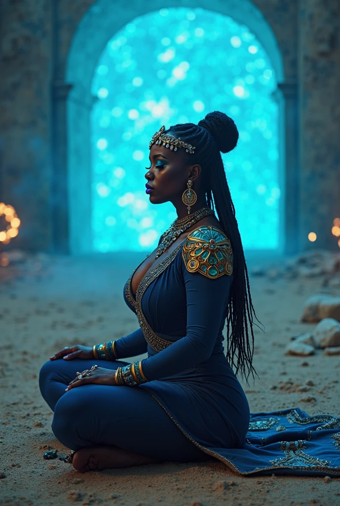 <lora:darkstyle-isabelia:0.8>, cinematic lighting, David Park, lights, human woman, aqua box braids, chestnut eyes,  wearing celestial robes, In a magical zoo where mythical creatures from various realms coexist || <lora:darkstyle-isabelia:0.2>, cinematic lighting, masterpiece, 8k, high resolution, shallow depth of field, sharp focus