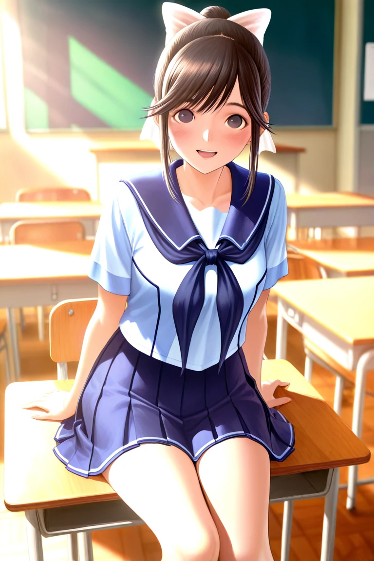 One girl, classroom, Cowboy Shot, Sitting, smile, 
yuzuki_maple, Brown eyes, Brown Hair, Long Hair, , Seraphim, White shirt, Blue Skirt, Pleated skirt, Highest quality, masterpiece, High resolution, 