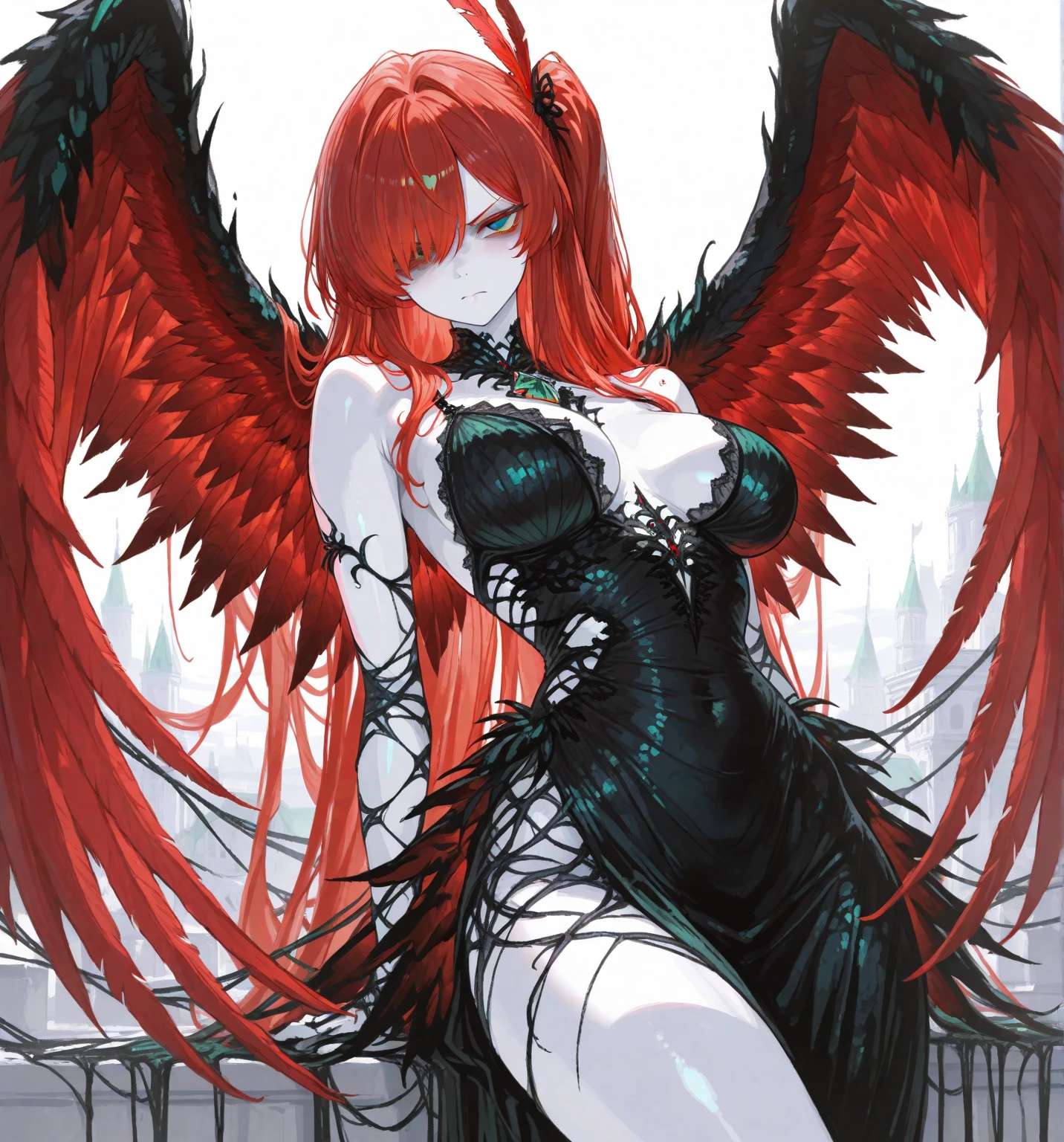 Woman with alabaster skin , Long fiery red hair, shimmering in surreal light. It framed her delicate face, Embellished with high cheekbones, Pointed nose, and full, alluring lips. Her emerald green eyes and chest were adorned with the personification of youthful vitality. Her slender waist narrowed to the swelling of her hips, Long sculpted legs, Intricate Patterns, Similar to tattoos, on her skin, She was the embodiment of unearthly beauty, An intoxicating mixture of angelic purity and sinful temptation, ((Red wings)), The woman, 独奏, Long hair, fiery red hair, Green eyes, medieval, fantasy tattoo, red wings, large wings, Red wings