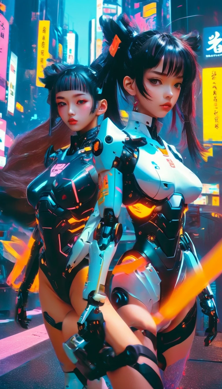 (Beautiful Asian identical twin cyberpunk girls together), cowboy shot, toned ???? bodies ,(???????????:1.7), long shapeless hair, (shiny skin:1.4), shiny lips, ((symmetrical detailed face:1.7)), black long shapeless hair, ((ultra detailed neon cyberpunk futuristic city)), detailed and intricate ((cyberpunk city streets background)), featuring high-tech holographic projections and sleek architecture, art by (((Syd Mead, Masamune Shirow))), (highly detailed photo realistic), sharp focus, ultra high quality, vibrant, masterpiece, (cinematic lighting).