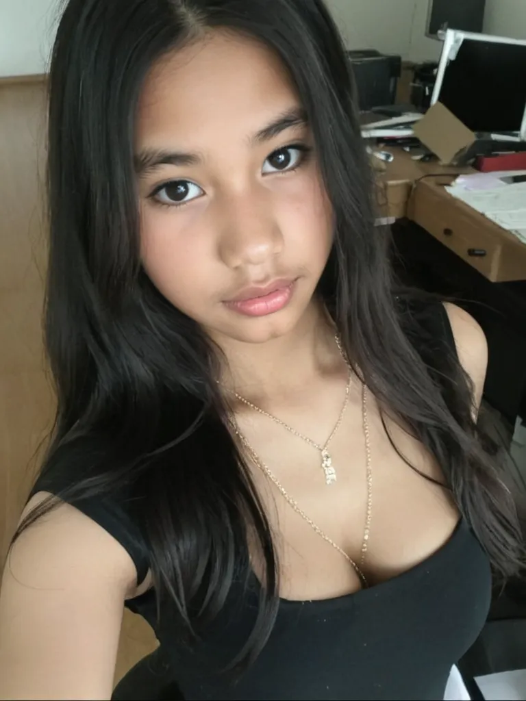 Selfie de hermosa chica sexy de pelo negro, que salgan los senos con bragas y el rostro ultra realista.