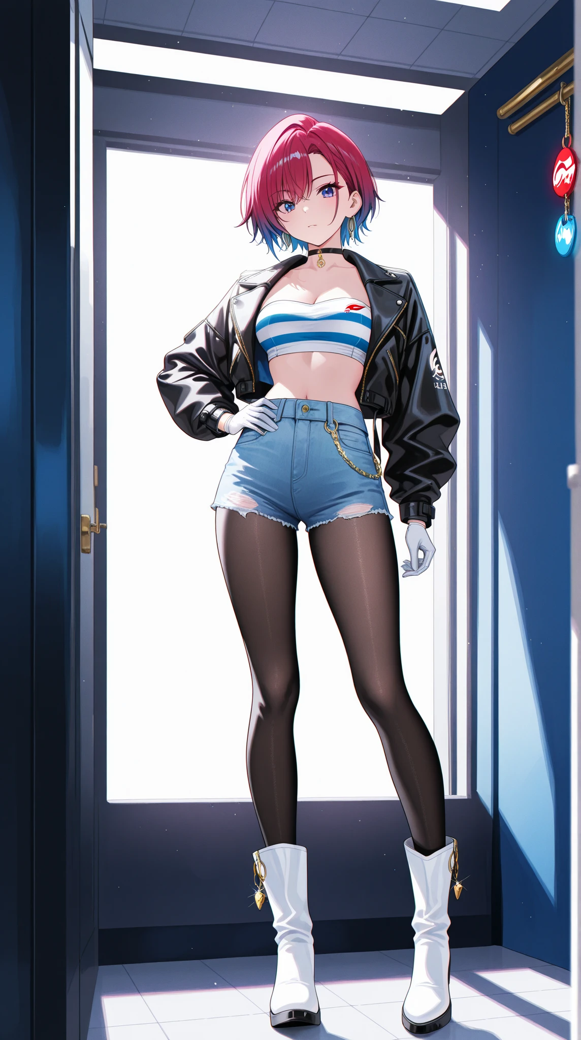 ((best quality)), ((highly detailed)), masterpiece, absurdres, detailed face, beautiful face, (detailed eyes, deep eyes), (1girl), full body, standing, <lora:hairdetailer:.7>, <lora:Mariekanker:.6>, MarieK, short blue hair, hair over one eye, black eyes, freckles, ear piercing, makeup, black nail polish, navel piercing, smiling, black bikini, bikini under shorts, flip-flops, (indoors, in a bar, waitress outfit)