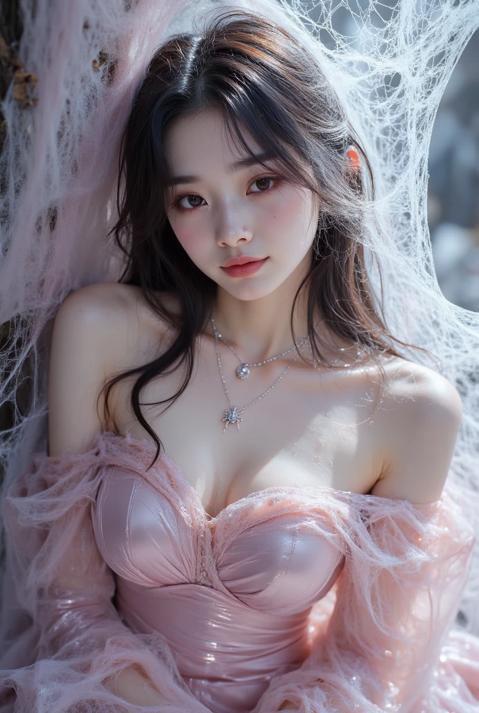 A woman in a slip dress, Standing in the snow, Pout, Close-up, Inspired by Cai Xukun, Shin Jinying, Cheng Yanjun, ruan jian, bian luan, ryan jia
