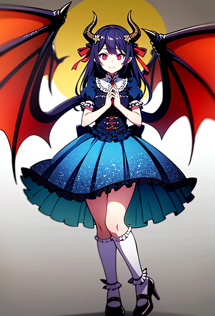 "(masterpiece:1.1), best quality, 
1girl, (80s anime style:1.4), (eyelashes:1.5),
(intricate high detailed body:1.2), 
purple hair, 
(blunt bangs:1.1), (medium hair, two side up:1.1), (demon horns:1.2), 
red eyes, (gothic makeup, red lip stick, eye shadow:1.1), 
(muscular body:1.2), (small breasts, flat chest:1.1), 
happy, smile, 
(lace leotard armor:1.2), 
(mini skirt:1.1), (jewelry:1.1), crystal necklace, 
standing, crossed arms, 
(cowboy shot:1.1), 
(simple white background:1.2)"