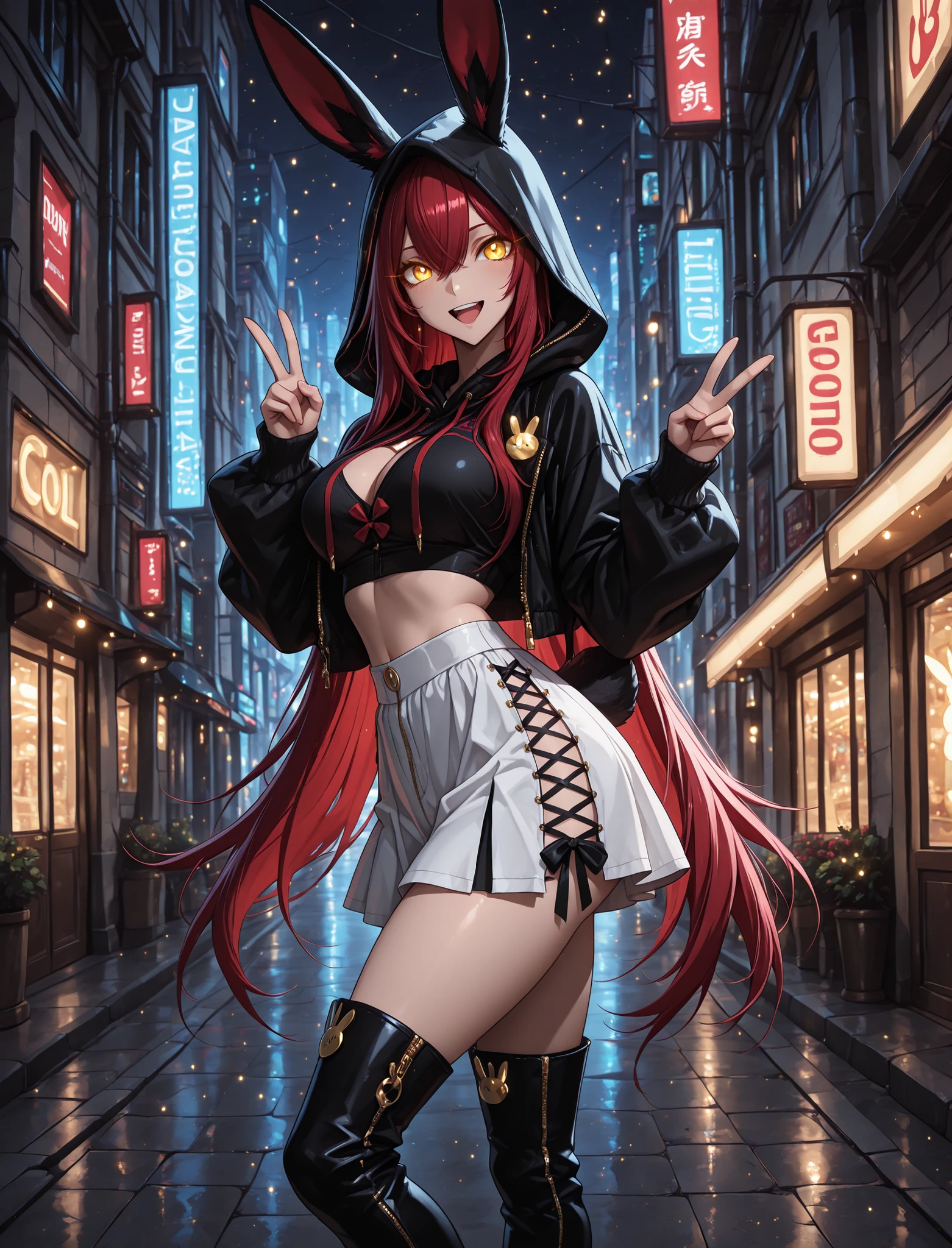 glowing eyes, rabbit ear jacket, crop top, hood up, bow on chest, mini white skirt with , laced skirt, knee high boots, 1 girl , golden eyes , very long hair , long sidelocks, red hair , petite , very cute , beautiful ,Straight hair, cool, handsome, hair between eyes, mediumlarge breast, solo,detailled reflections of light, lights particules, detailled background, city, masterpiece, anime style, lots of glowing particles,((4k,8k,Ultra HD)),((Masterpiece :1.2)),((Best quality :1.2)),((Detailed :1.5)),((Detailed background :1.5)), happy, jop, v, scenery, open mouth, dynamic pose