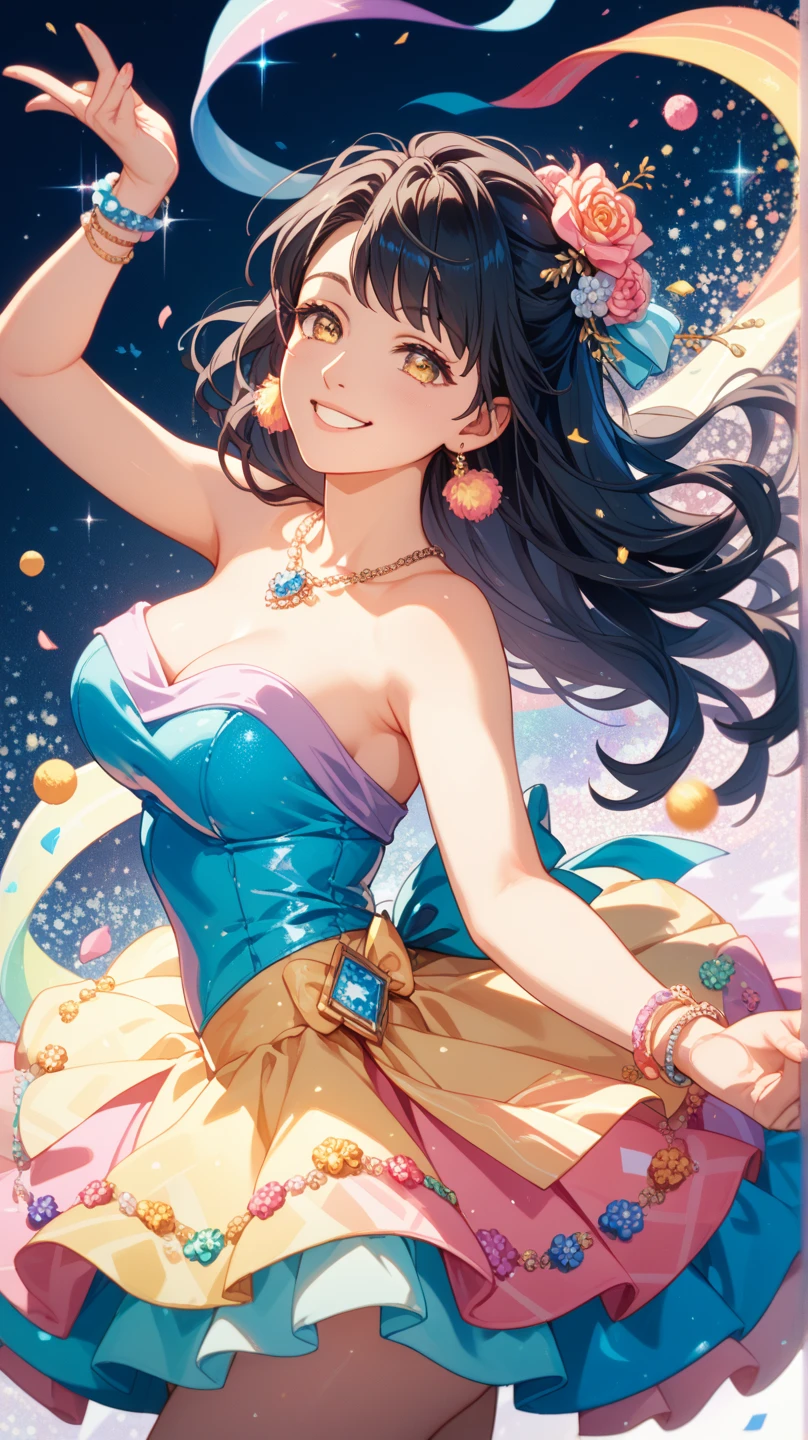 ((((((A young woman))), the anime, ( The eyes are green), (black hair), Nice face, ssmile, the perfect body, Wavy Hair, hairlong, (((morena))), big breastes, ((tmasterpiece, beste-Qualit)), illustartion, ультра детализированная 8k, Photorealistic, sharp-focus, higly detailed, Professional lighting, colorful details, Rainbow colors, Glowing, intricate detials, Vivid details, Tulle dress, curtain dress