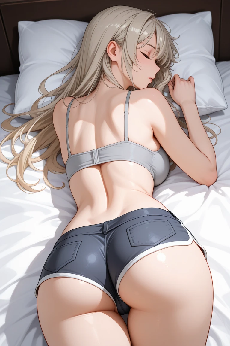 masterpiece, best quality, 1girl, klee, genshin impact, , blonde hair, red hat, cute, from behind, hair draped forward, bed, blush, ass,ck, bare back, bare shoulders, completely nude, irs, lying on bed, pillow, shiny skin, oil, oily, oiled back, semen, semeback