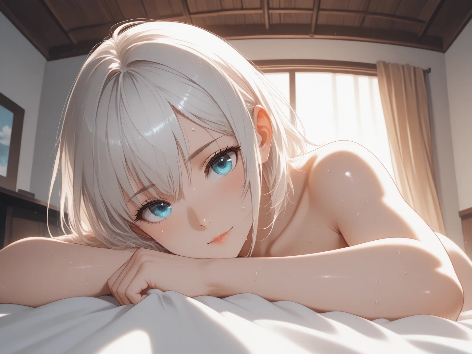 masterpiece, highest quality, high resolution, 1 girl, gray hair, short hair, blue eyes, medium breasts, Idol Master,anastasia,((Bed,Bedroom)),(((sexy))),blush,shy look,(crawl on all fours),(butt)