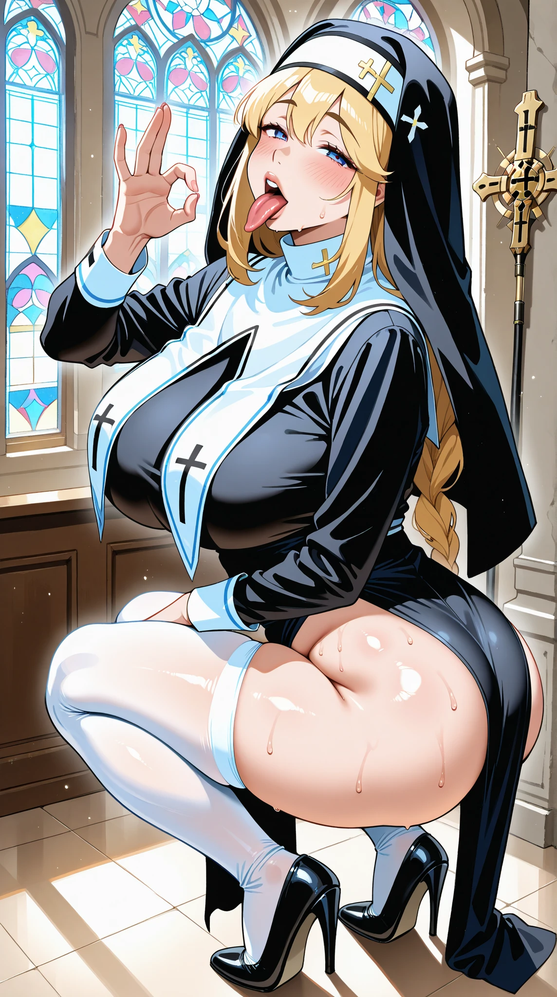 Score_9, score_8_up, score_7_up, score_6_up, score_5_up, score_4_up, source_anime, 1girl, cute nun girl, nun costume, young female, sagging gigantic huge biggest breasts, wide hips, thick thighs, huge areolae, areola slip, dark nipple, dark areolae, side view, detailed eyes, ahegao, bukkake, head tilt, hairy, showing armpit, hairy armpit hair, sperm, Japanese, hentai, penis, sweating, heart mark words, dirty atmosphere, in church, asshole, ass, bukkake, smelly, dirty atmosphere, blonde, nun licking boy’s ass from behind, cum shot on wall, rimjob, rimjob to boy, crouching, c shot to floor