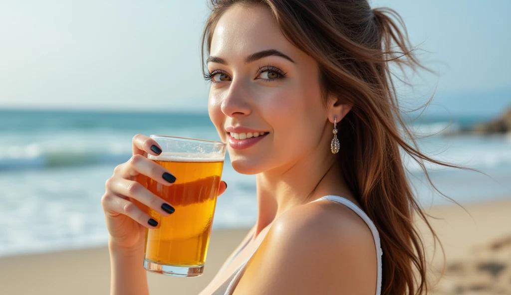 High resolution, (((Highest quality, Highest quality, 8k, masterpiece: 1.3)), Perfect Style, Highly detailed face and skin texture, Detailed eyes, double eyelid, Pale Cheeks, Glowing Skin, Fair skin: 1.2, Shiny little collar and earrings, Glossy Lips: 1.4, (Cowboy Shot: 1.2), Stand on the beach, ( Pure girl: 1.2), (White Micro Bikini: 1.3, strap high heels: 1.3), (Layered Hairstyles, Dark brown hair), Medium Long Hair, (A very seductive smile: 1.2), (Huge breasts: 1.3), (Natural Breastsの谷間, Natural Breasts), Wet Skin: 1.2, ((Cheering beer)), Beach,Holding a beer mag,