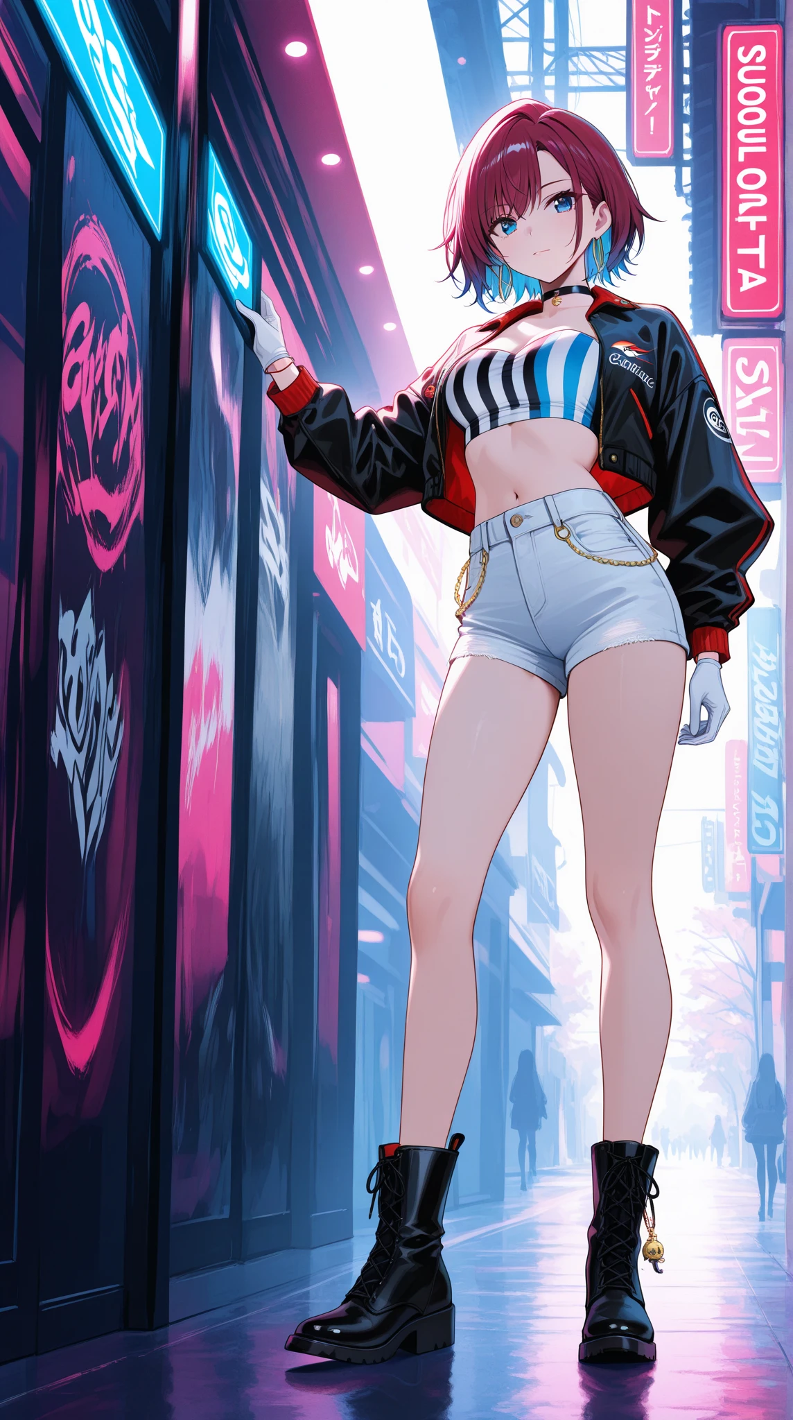 A hot high school gyaru girl with dark skin long blonde hair blue eyes wearing black stockings and high heels