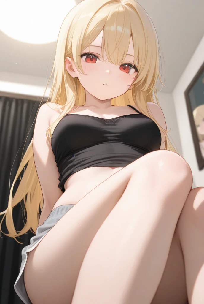 1 girl, long hair, blonde hair,smooth blonde hair with an ombré transition to pinkish-red or citrus orange at the tips, dark pink color eyes contact, large breast, black lingerie, black panties, black pair of stocking, laying on top the bed, sexy, sexy pose, hand in panties, legs spread apart, black mini skirt