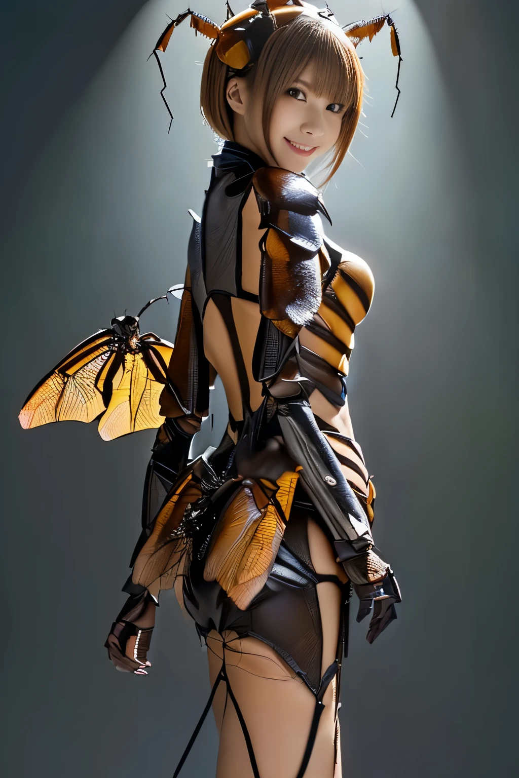 (high resolution,masterpiece,best quality,extremely detailed CG, anime, official art:1.4), realistic, photo, amazing fine details, all intricate, gloss and shiny,awesome many layers, 8k wall paper, 3d, sketch, kawaii, illustration,( solo:1.4), perfect female proportion,villainess, (fusion of dark brown cockroach and lady:1.4), (brown cockroach form lady:1.2), (brown cockroach lady:1.2), (fusion:1.2), (solo:1.4), (evil smile:1.2), muscular, abs, (cockroach brown exoskeleton bio insect suit:1.4), (cockroach brown exoskeleton bio insect armor:1.2), (brown transparency cockroach wing:1.4), (brown cockroach antennae:1.3),
