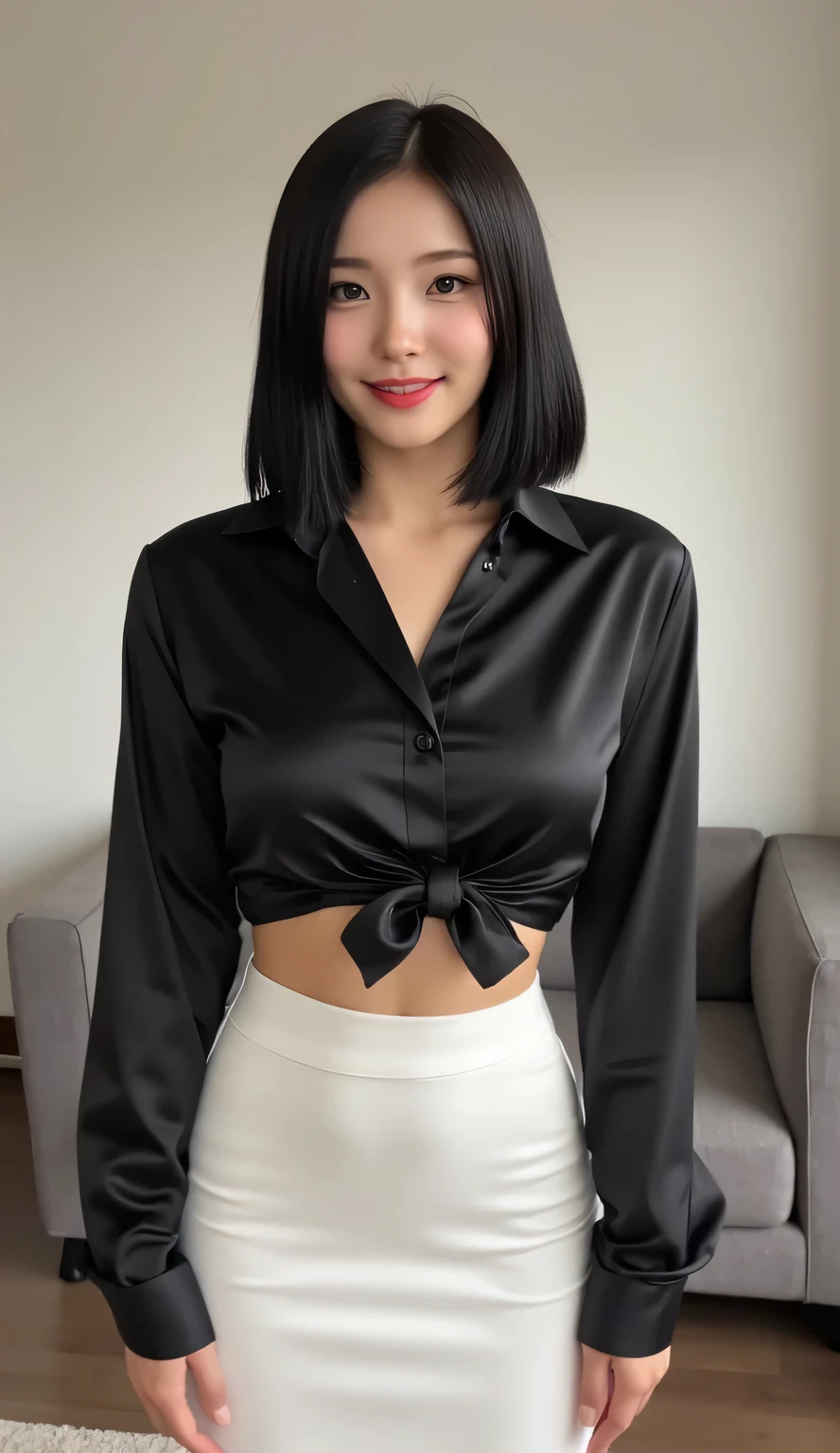 Heavy makeup，Thick black opaque pantyhose，8K，Long legs，By bangs，Skirt that wraps hips，Skinny is very sexy，Uniform set，on a sofa，waved hair，mature