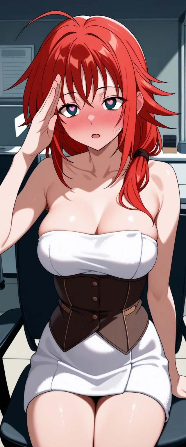 Makima, beautiful girl, braided ponytail hair, red hair, , nakeim, tall, sexy, larbreasts, bigs, big boody, upper body, smile, big boobs, big breasts, large breasts,