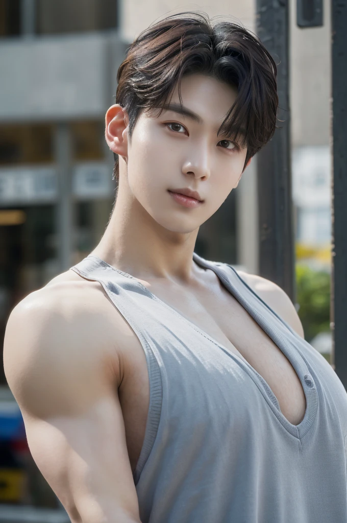 A handsome, muscular-built 20-year-old Korean man