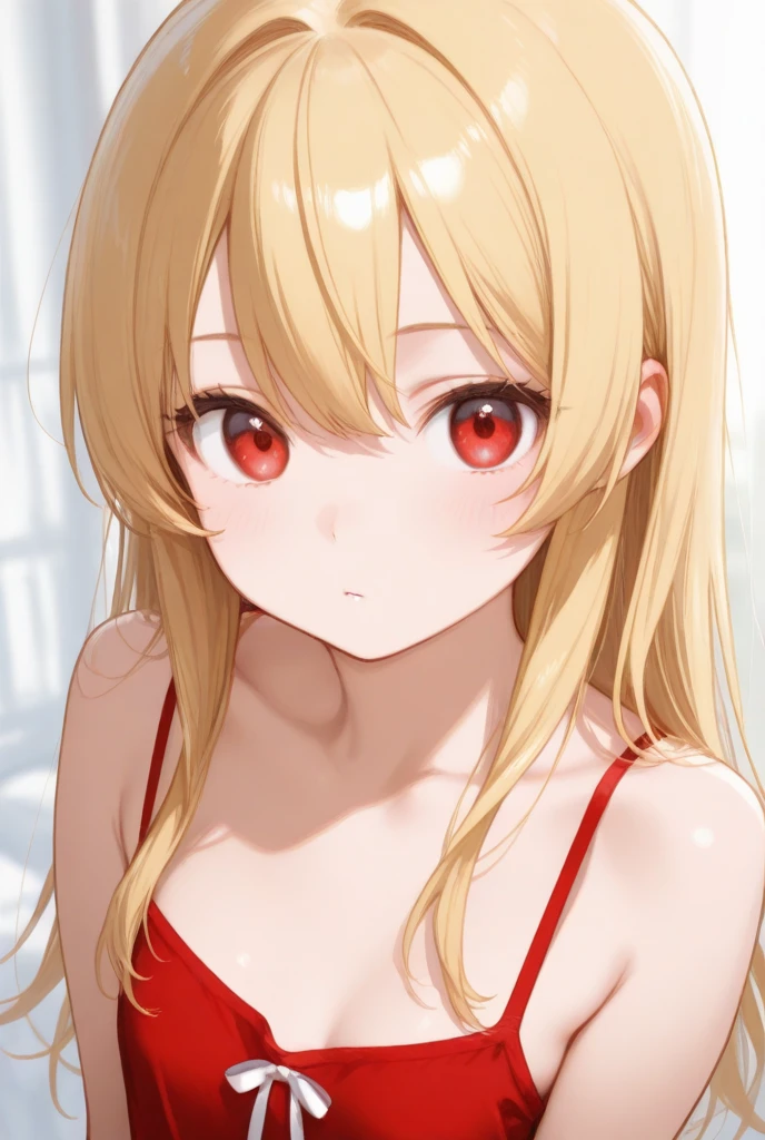 Beautiful anime girl, solo, 1girl, looking at viewer, cute,beautiful, red eyes, open hair, blonde hair, long hair, bangs, wearing a strawhat, Monkey D luffy's strawhat, one piece, smiling, smooth skin, light skin, red lips, golden earings, anime, best quality, masterpiece, extremely detailed, 4k, red eyes, beautiful red eyes, detailed face, detailed eyes, red top, blue jeans, golden necklace