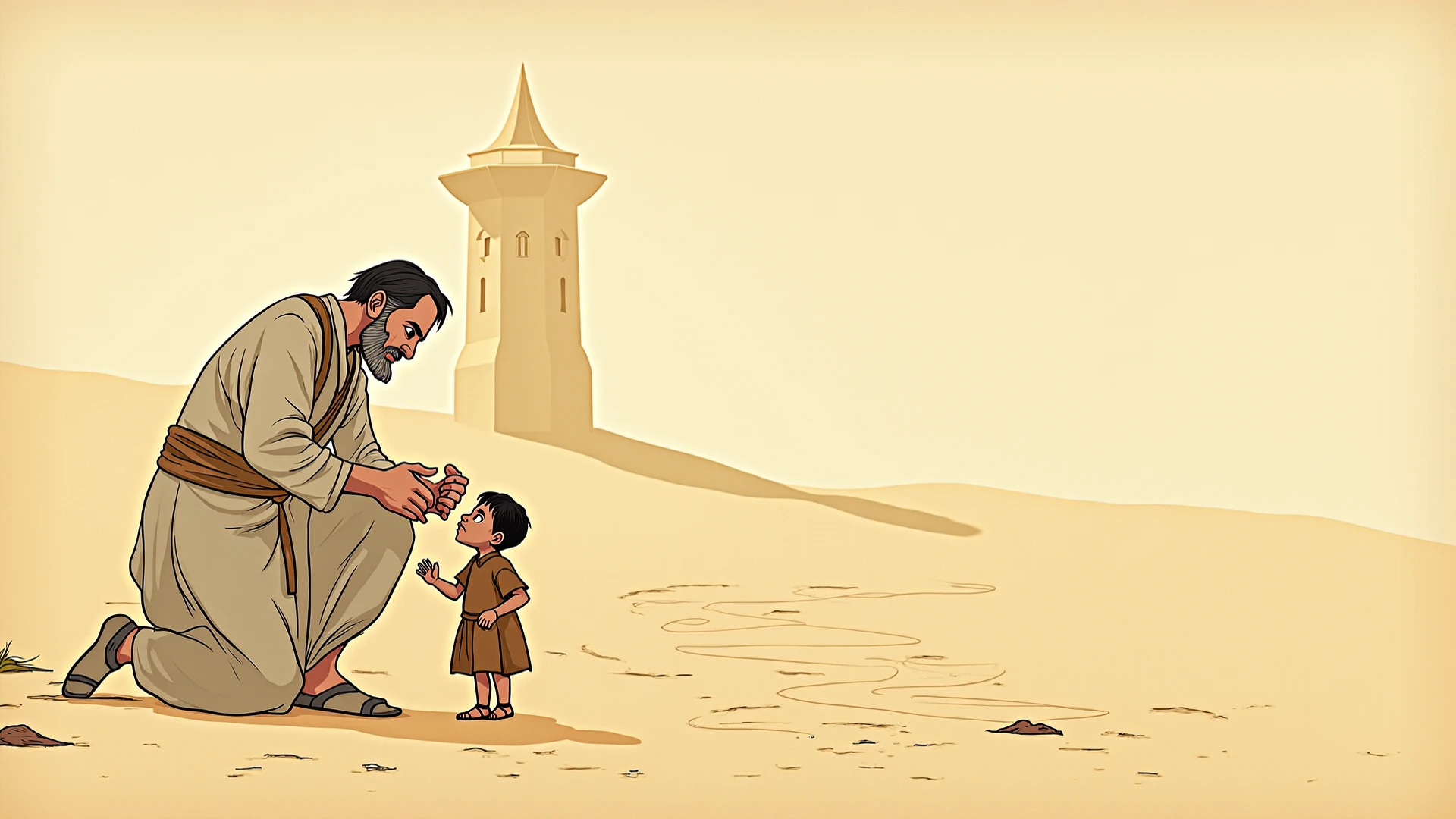 Boy sitting on the ground make the perspective to be his back view, with his arms stretched out, placed on the ground, while a man standing in front of him trying to pick him up