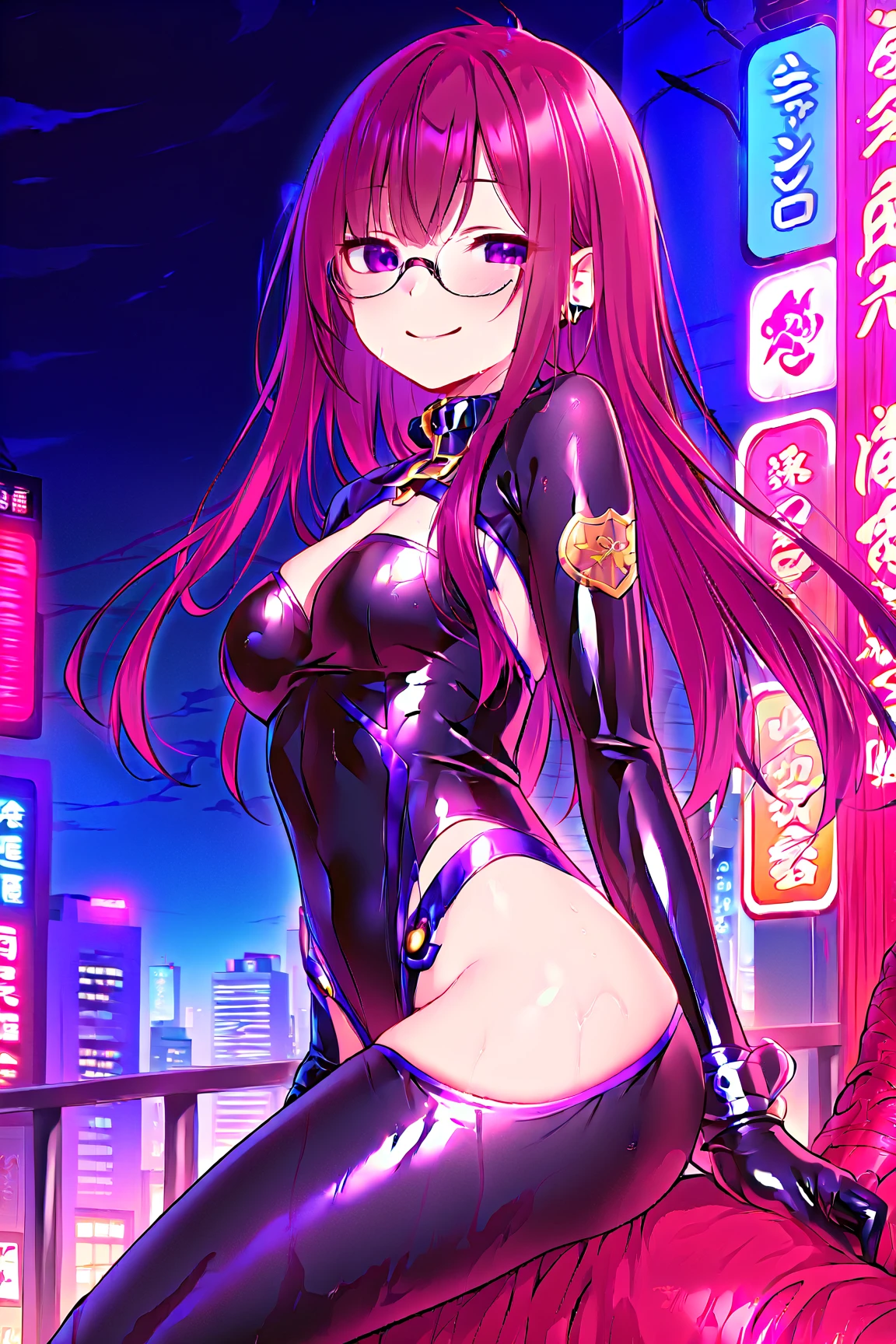 nsfw,(super fine illustration,8K CG wallpaper,best quality,extremely detailed,ultra high res,best aesthetic),(((cowboy shot,from front))),1girl,solo,18years old beautiful girl,(idolmaster),(Mika jogasaki),(beautiful long hair),(waviy hair),((pink hair)), (wet hair), (beautiful white skin),(wet skin),((flat chests, largebreasts)),(slender),((bsp, pussy juice dripping, no makeup, sweaty body),(pink pubic hair:1.4),(pubic tatoo:1.1),(a big smile),(blash),(feel good),(sweat),(deep breath),(one eye closed),(out tongue),(cyber suit),(cyber police woman costume),(open clothes),((see-through)),(police hat),(collar),(have a police stick),(glasses), ((in night)),((cyber China town)),