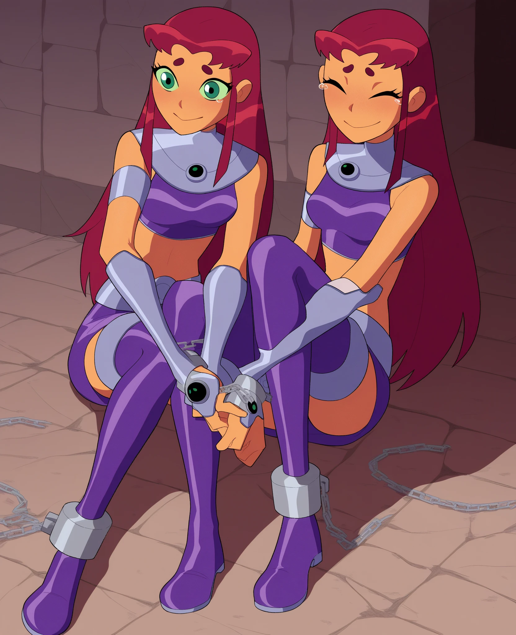 Starfire, dark green eyes, reddish hair, green pupils, purple  short skirt, lips smiling, small boobs, flat boobs, flat chested