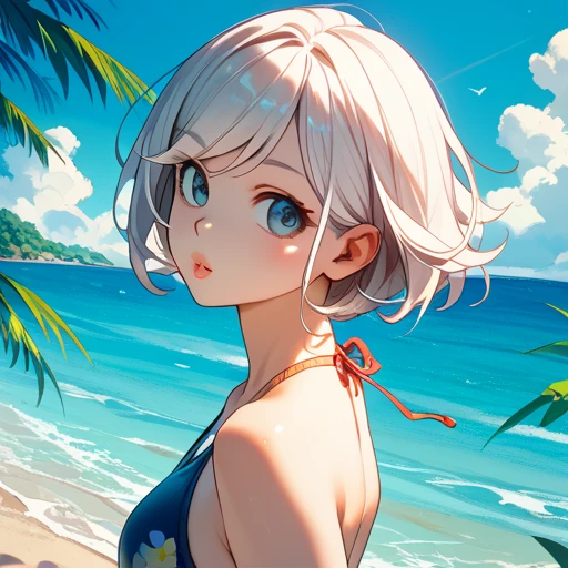 highest quality、Realistic、Women、Japanese、zoom、look up、cute、smile、Ocean、Red eyes、Platinum Blonde Hair、Very Short Hair、White Swimwear、sunglasses、Face close-up、slender、Small breasts
