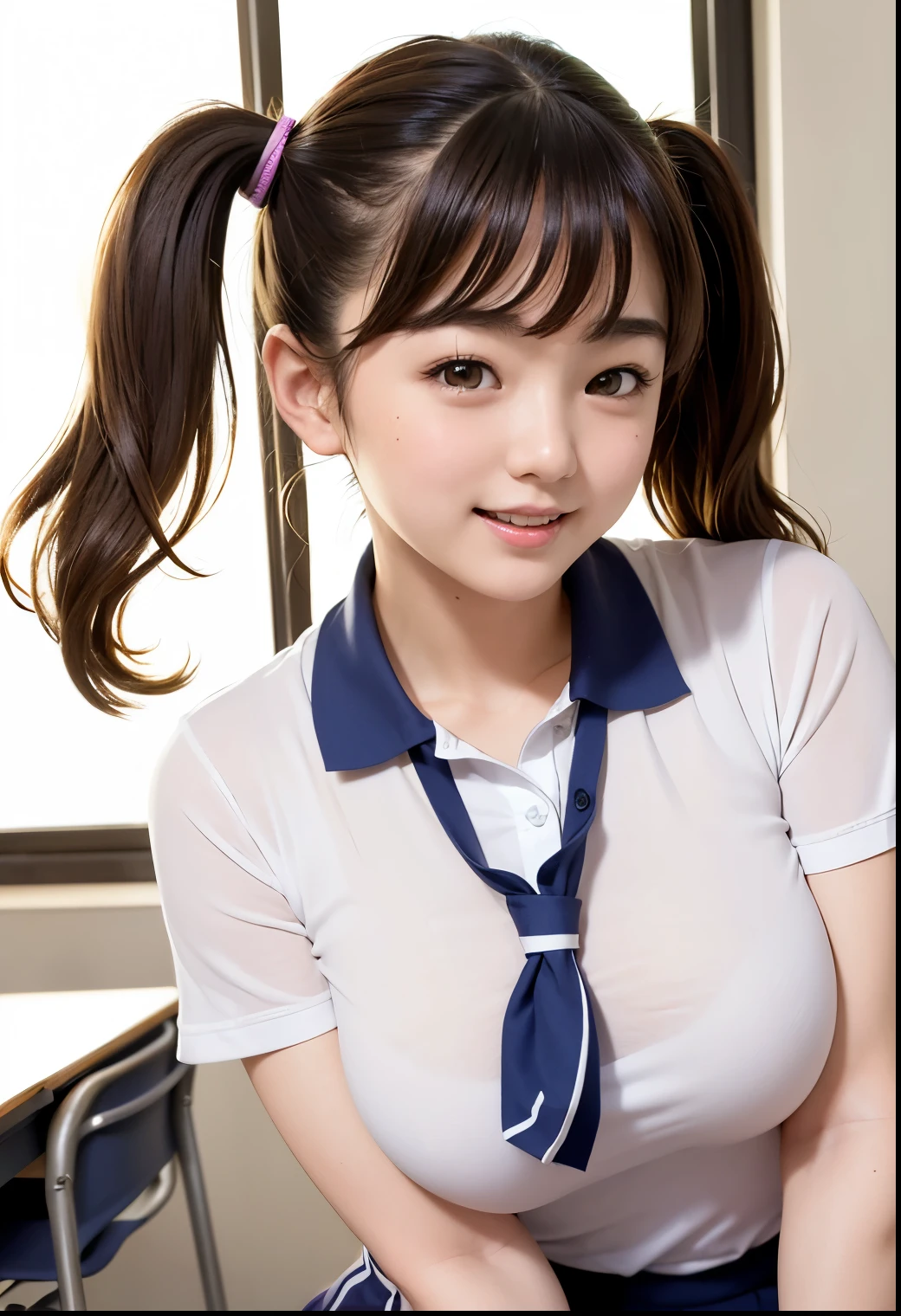 ((Ultra-high resolution)),8K,16 years old、Leaning forward shows a little cleavage、Small breasts, , Blonde、Twin tails,  Red mini skirt, White shirt,Navy blue tie、 Small cleavage 2:1,Idol Sculpture, Wet, smile、Light blue wall、sexy、slender、Shapely small breasts
