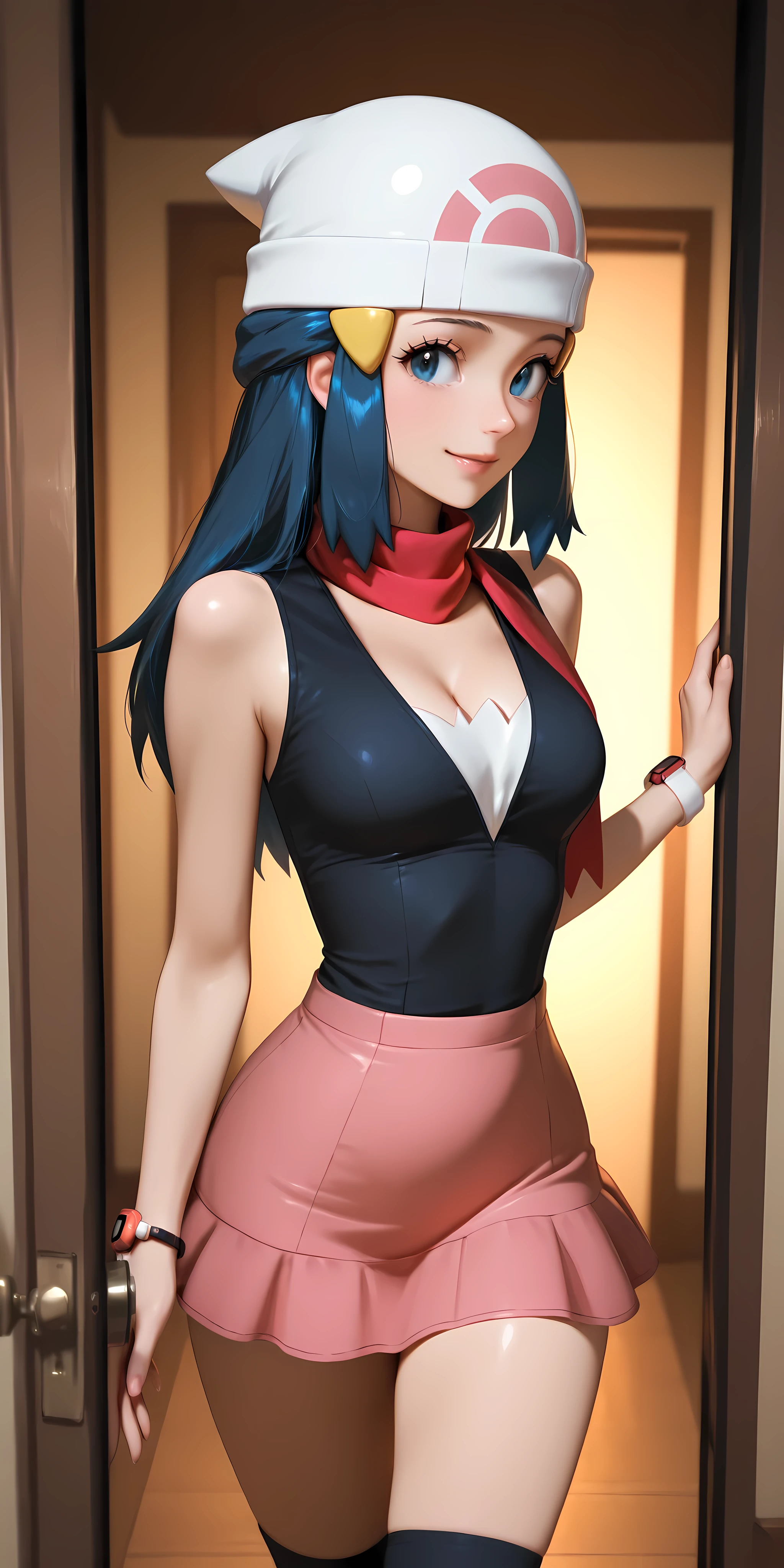almost realistic, almost realistic, almost realistic, walking away, back view, view of her back, looking away from viewer, gentle smile, 1 girl - Dawn from Pokemon, zzDawn, blue hair, blue eyes, sidelocks, long hair,
zzDawn, blue hair, blue eyes, sidelocks, long hair, bare shoulders, beanie, black shirt, black socks, bracelet, hat, jewelry, kneehighs, miniskirt, pink skirt, red scarf, scarf, shirt, skirt, sleeveless, sleeveless shirt, white headwear, cleavage high detailed, best quality, young lady, young female, C Cup Breasts, nice C Cup Breasts, perfect C Cup breasts, flat stomach, ultra detailed, highres, best quality, night time, nightfall, in front of her house, simple wooden house, in front of doorstep, opening door, alone, cowboy shot, sexy waist, sexy hips, sexy figure, masterpiece, most aesthetic, surface shading, cinematic lighting, beautiful details, perfect details, accurate, anatomically correct, beautiful fingers, 5 fingers per hand, no extra fingers