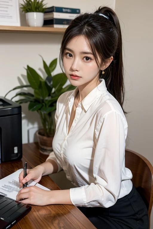 Highly detailed CG Unity 8k wallpaper, top quality, super detailed, masterpiece, realistic, photorealistic, very detailed cute girl, 25 years old, (secretary), blush, parted lips, round eyes, medium breasts, viewer, semi-body shot, collared shirt, office, computer, sitting , (show panties), bun_head