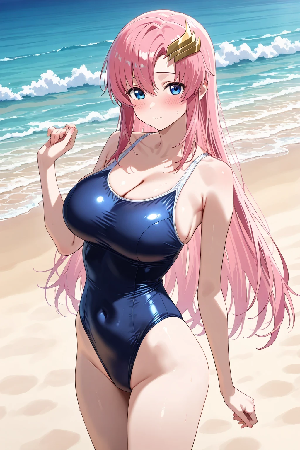 (melhor qualidade, obra-prima), (Retrato 8K), (Corpo perfeito), 1Meninas, (tight swimsuit) (cabelo rosa), (franja), (plaits), (molhada), ((corada)), ((ofegante)), (pele super brilhante), rechonchuda, emphasis on the thighs, Pose sexy, seios grandes,((Hands behind your head))