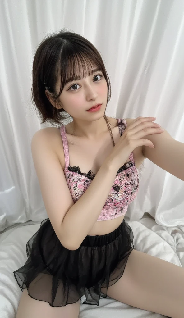 10-year-old girl, Solo, Full body, Short hair, pony-tail hair, Small bra, Showing very small breasts, Looking at Viewer, Blonde hair, Brown eyes, Jewelry, Full body, Mini skirt, hyperdetailed face、A detailed eye、二重まぶた、Slim Faces、blured background, Lips, Realistic, Nose, flirting with camera、Brown hair with highlight lines、Putting out the chest、small tits
