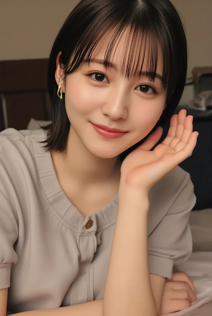 Ultra-high resolution, Superior Quality, highest quality, Very detailed, Realistic, 8k, RAW Photos, highest quality, masterpiece, Attractive girl, Awesome girl, Black Hair、Hairstyle bun、 Japanese Idols, Sophisticated, stylish, blouse,smile、Ear piercing、Necklace around the neck、