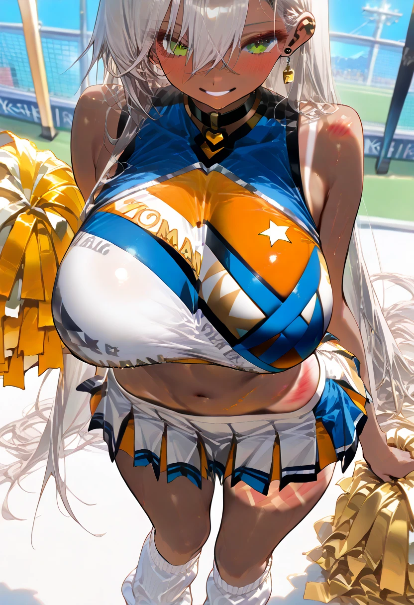 (8k,Ultra-high resolution,Highest quality,masterpiece,Realistic,Ultra-high resolution,High-quality RAW color photos,Professional photos,Realistic,Realistic),Natural skin texture,Fine skin,Hyperrealism,Intricate details,Adult women,Eye highlights.Lip gloss,Glossy Lips,(Cute smile,Semi-long hair,Blonde,Dark blonde hair,bangs),((gigantic breast,Big Breasts)),(Cheerleader,cheer leading,face focus),Arena,dynamic dance,((Panty shot,full body dynamic pose))
