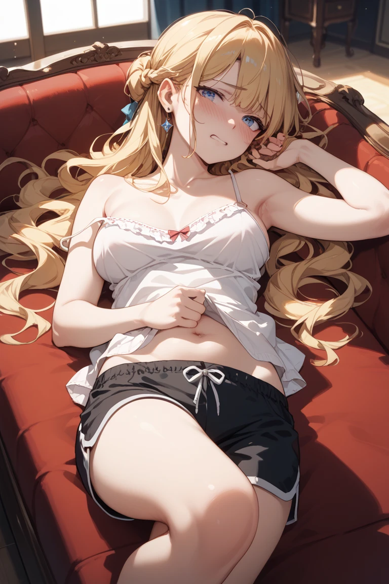 (antecedentes extremamente detalhados) (medium shot, crop-top:1.3)(melhor qualidade), (denim mini shorts)(mais alta qualidade), (obra-prima) , (ultra-detalhado) , marin kitagawa, blonde hair, choker, ear piercing, earrings, long hair, piercing, (red eyes:1.5), straight hair, swept bangs,, peitos enormes, Your MILF skin is oily, olhar sedutor, sorriso sedutor, blush, blue skies, cabelo longo, lying down, olhando para o espectador,4k , 8k ,