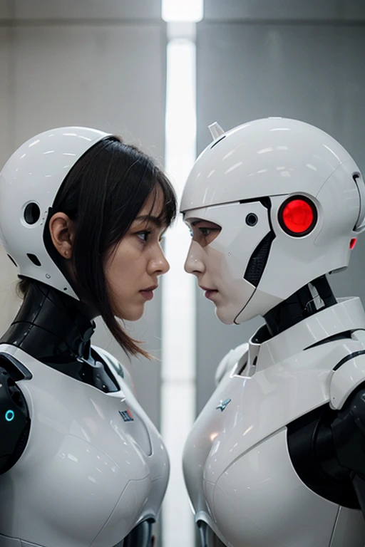 female robot wearing hijab, big breasts, white body, robot arm, long nails, playing with teenage boy on the bathroom