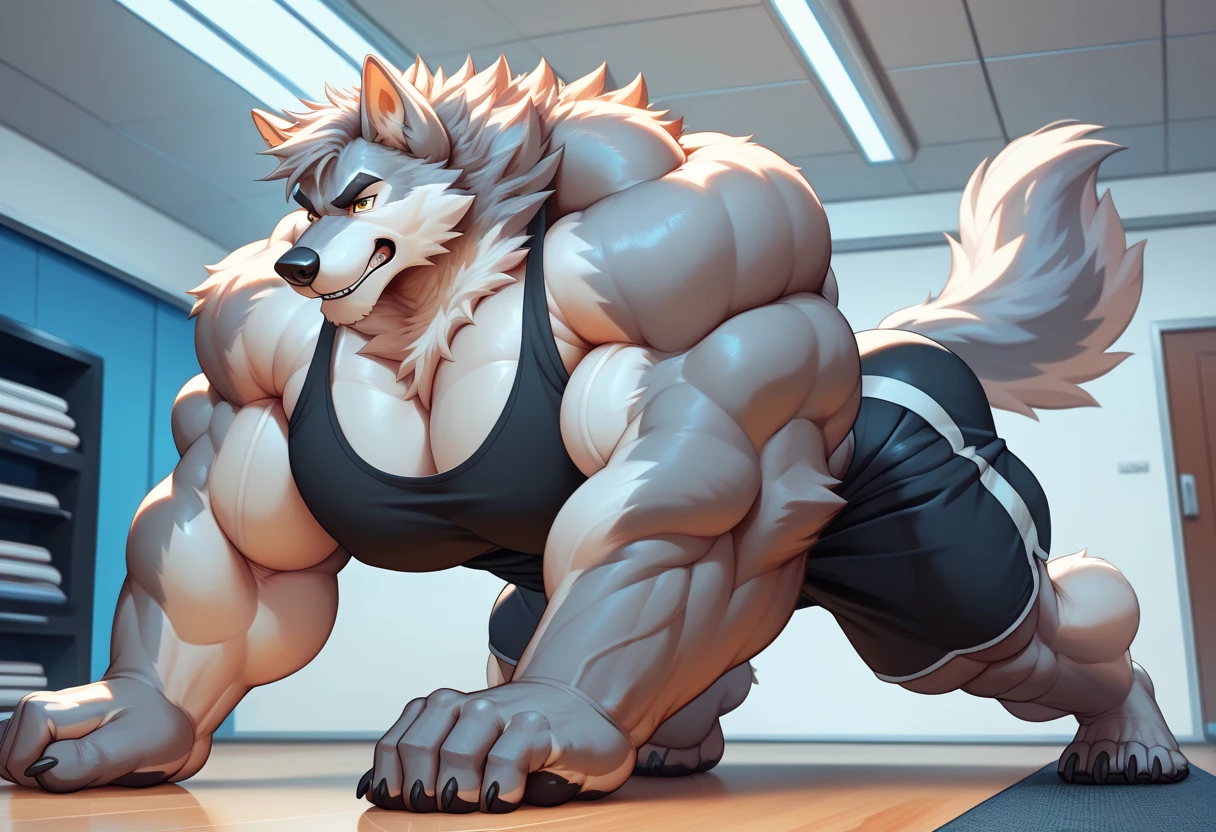 One tall Polar Bear with big muscular body in a huge white fur shirtless and topless with light blue shorts and a dog tag on his neck, veiny, pumping chest position