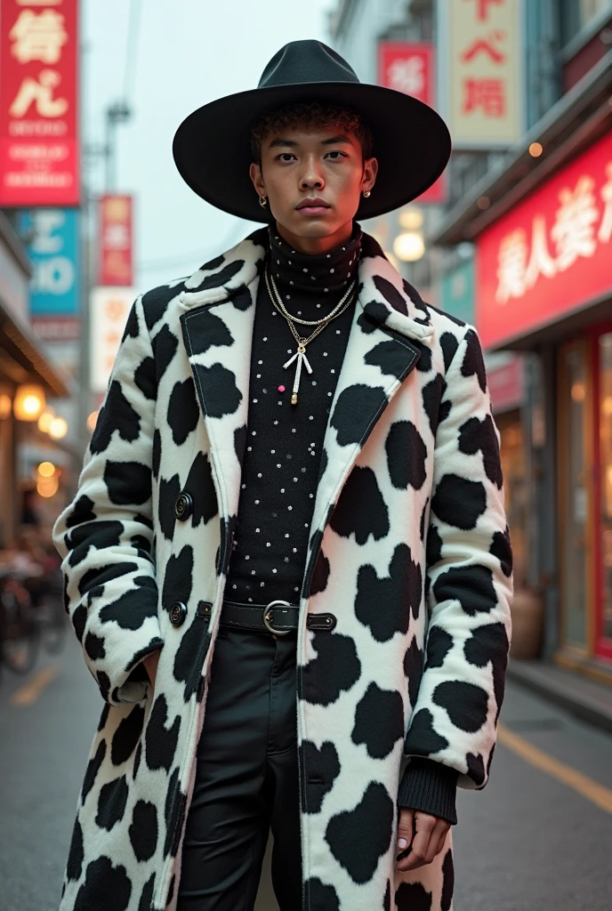 Harajuku man outlook. Плащ цвета далматинец. Шляпа. Street look