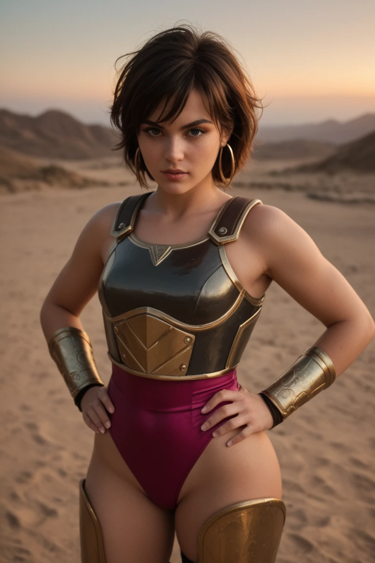 Masterpiece, a beautiful 30 year old female warrior, (Janeane Garofalo:Chloe Grace Moretz:0.5), ((armour:1.2)), (small breasts), strong muscular body, very short cropped dark hair, unwashed hair, legs, (castle exterior background), HD, (detailed skin texture:1.1), sweaty, best quality, ultra high res, (photorealistic: 1.4), Raw photo, by Ellen von Unwerth, Nikon D850 Film Stock Photography, F1.6 Lens, Rich Colors, Realistic, Cinestill 800, backlight, rimlighting, sunlight, close-up