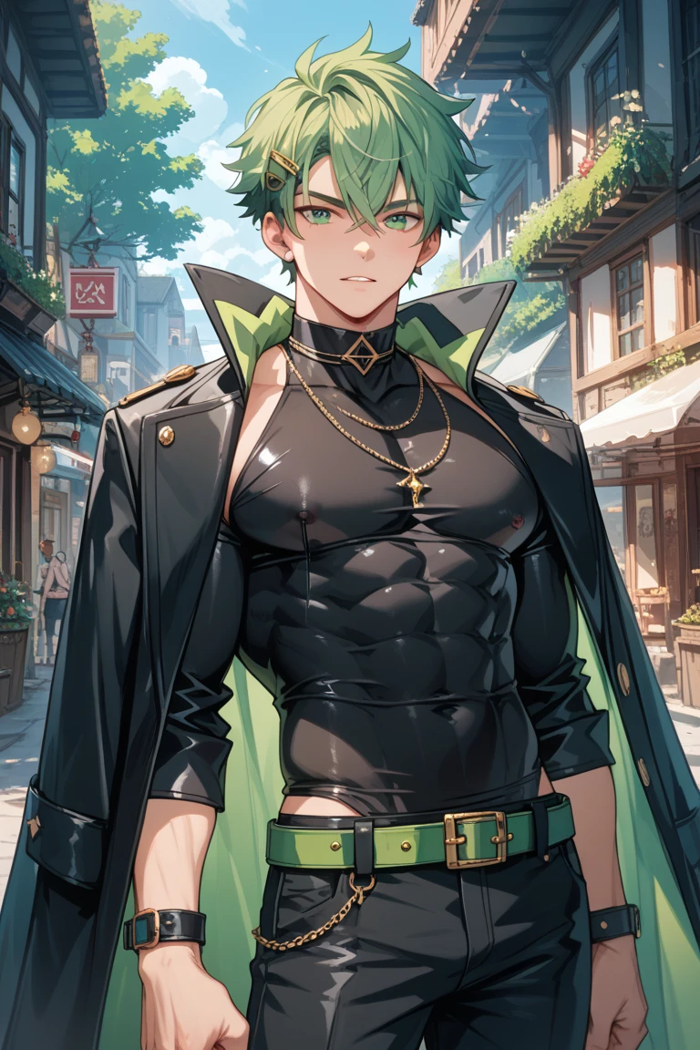 (masterpiece), ((sfw)), best quality, expressive eyes, perfect face, mature male, (1boy, adult Man), young adult, young man, solo, Green hair BREAK ahoge, blue eyes BREAK bodysuit, black suit, :/, standing, desert, sand, landscape, day, outdoors