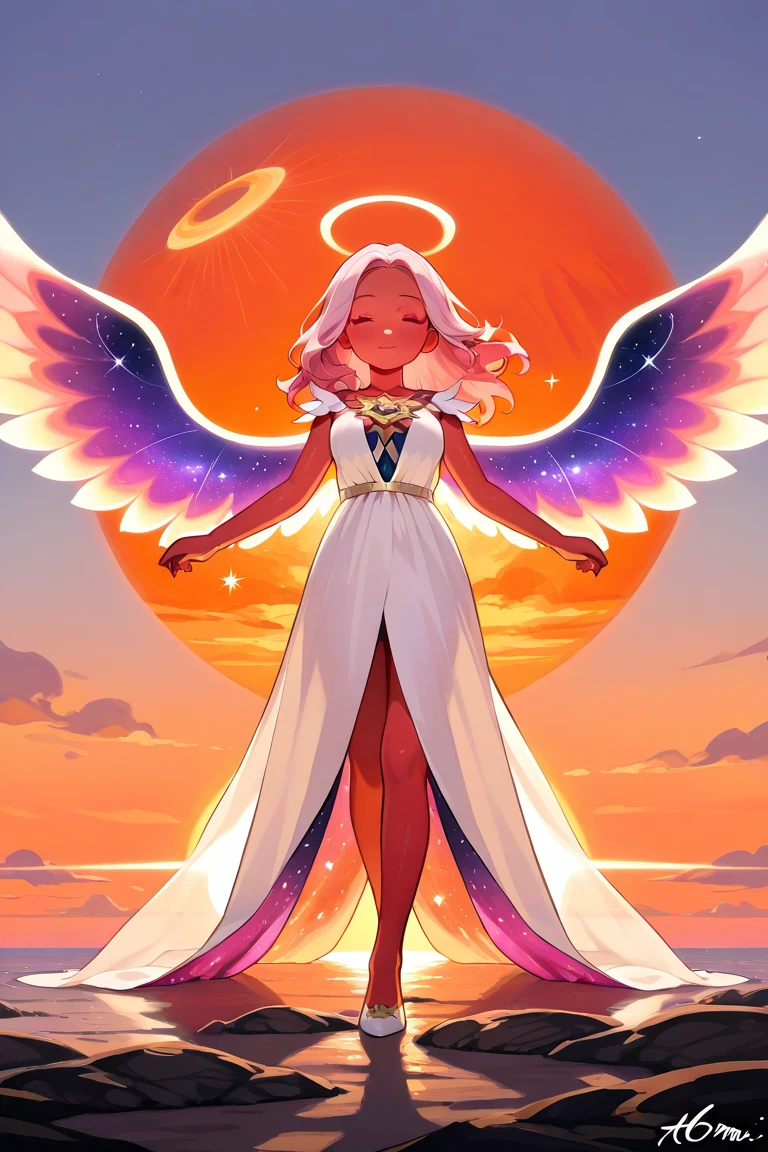 masterpiece，Best Quality）， Beautiful female angel， （Dress in the style of ancient Greece），（ Big Wings, Angel Halo），（Small breasts） ， Short Wavy Hair， Black Hair, Micro Curl Bangs， Beautiful Face，  Big beautiful eyes， A kind smile， Perfect slim standard beauty body， Under the stars，Full body photo， Bright colors