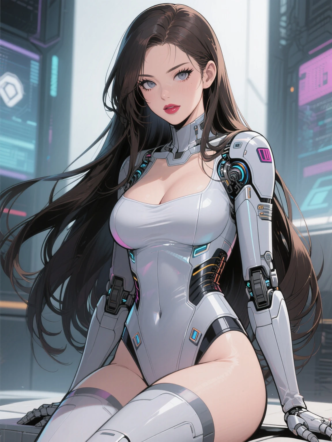 1 cute sexy beautiful girl, 20 years old, in a huge spaceship, full of technology and futuristic inside, open vision, smooth lines, inspired by the movie space traveler, seductive appearance, ultra HD, sexy long legs