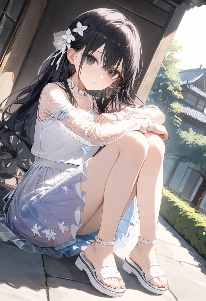 (child),highest quality,Beautiful face in every detail,cute,Dark brown eyes,(背の低いcute女の子,Small young student,Young delicate girl),(masterpiece,Top quality),Black Hair,Sleepy expression,Sleeveless,(White shorts),Crouching