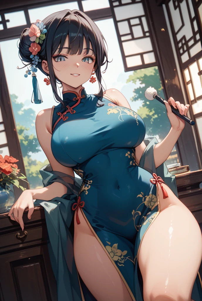 A woman in green Japanese attire, with a long white fur cape, with Chinese talisman, with Chinese theme, in a traditional Chinese palace, short black hair, white bangs, blue eyes, large breasts.HDR, ultra resolution, well defined, masterpiece, 8K HD (woman solo )
