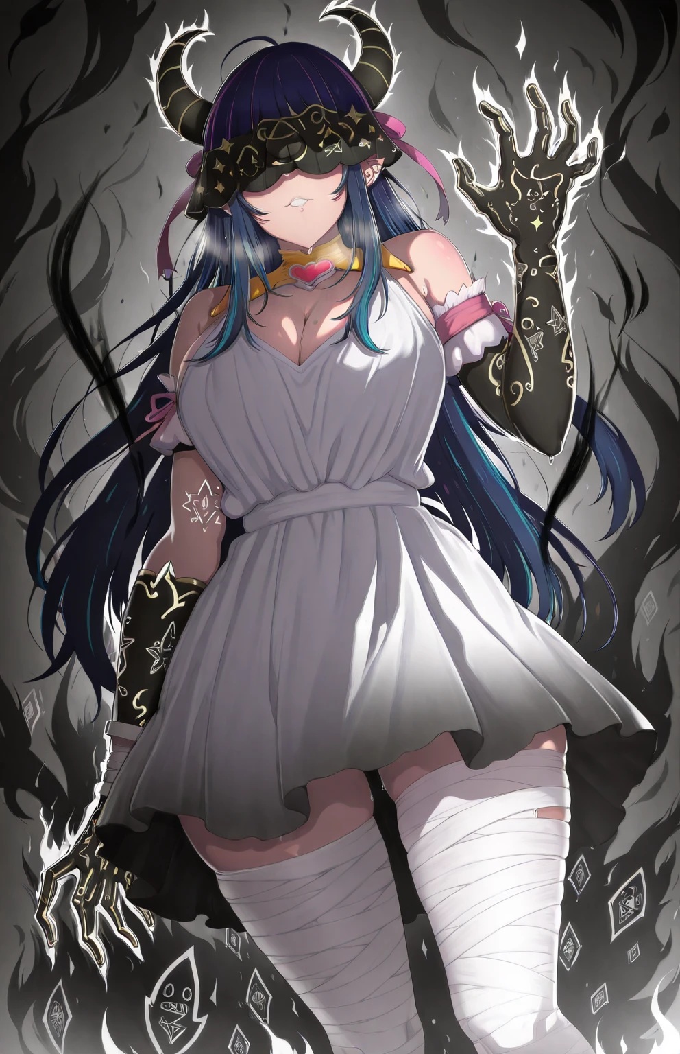 Ruberule, (oshi no ko-style:2.0), (anime coloring, anime screencap), shiny skin, (marumoru-style:1.8), (horori_(halloweenday309)-style:1.2), (puuzaki_puuna(punopupupu)-style:1.2), (zonda_(solid_air)-style:1.4), ((anatomical correct)), ((Cinematic, unreal engine, eye-catching, ambient occlusion, UHD, masterpiece)), ((perfect lighting, dappled sunlight, soft shadow)), perfect body, perfect, perfect fingers, gasping, heavy breathing, gasping profusely, ((skindentation)), ((curvy)), KJOkursh, ((dark-blue hair)), ((covered eyes)), parted bangs, pointy ears, long hair, bright pupils, (aura), (black aura:1.2), 1girl, breasts, horns, glowing, dress, white_dress, solo, cleavage, bandages, bandaged_leg, looking_at_viewer, ahoge, parted_lips, monster_girl, black hands, shadow, shadow hands,